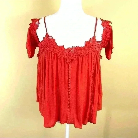 Miss Me Cold Shoulder Lace Trim Cropped Fit & Flare Blouse Top Size S - Picture 7 of 12